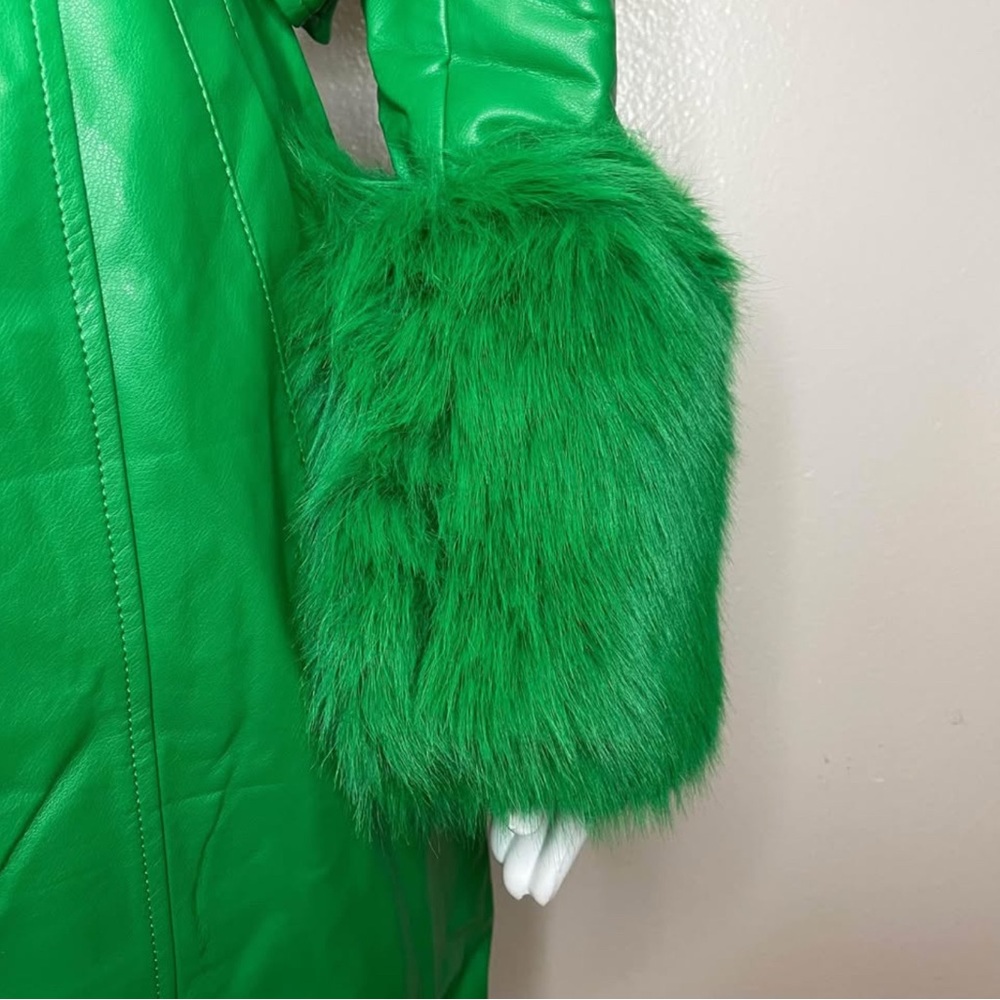 Green faux leather single breasted removable faux fur on collar trench coat - Picture 6 of 13